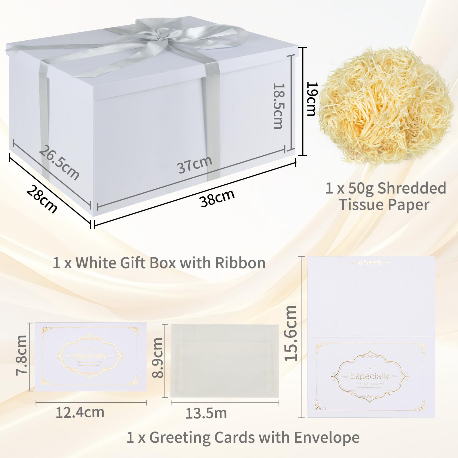 Set Scatola Regalo, Scatole Regalo Bianco con Coperchi 38 x 28 x 19 cm Scatola Regalo Grande con Nastro Biglietti Auguri Carta Velina Tagliuzzata per Natale Compleanno Matrimonio