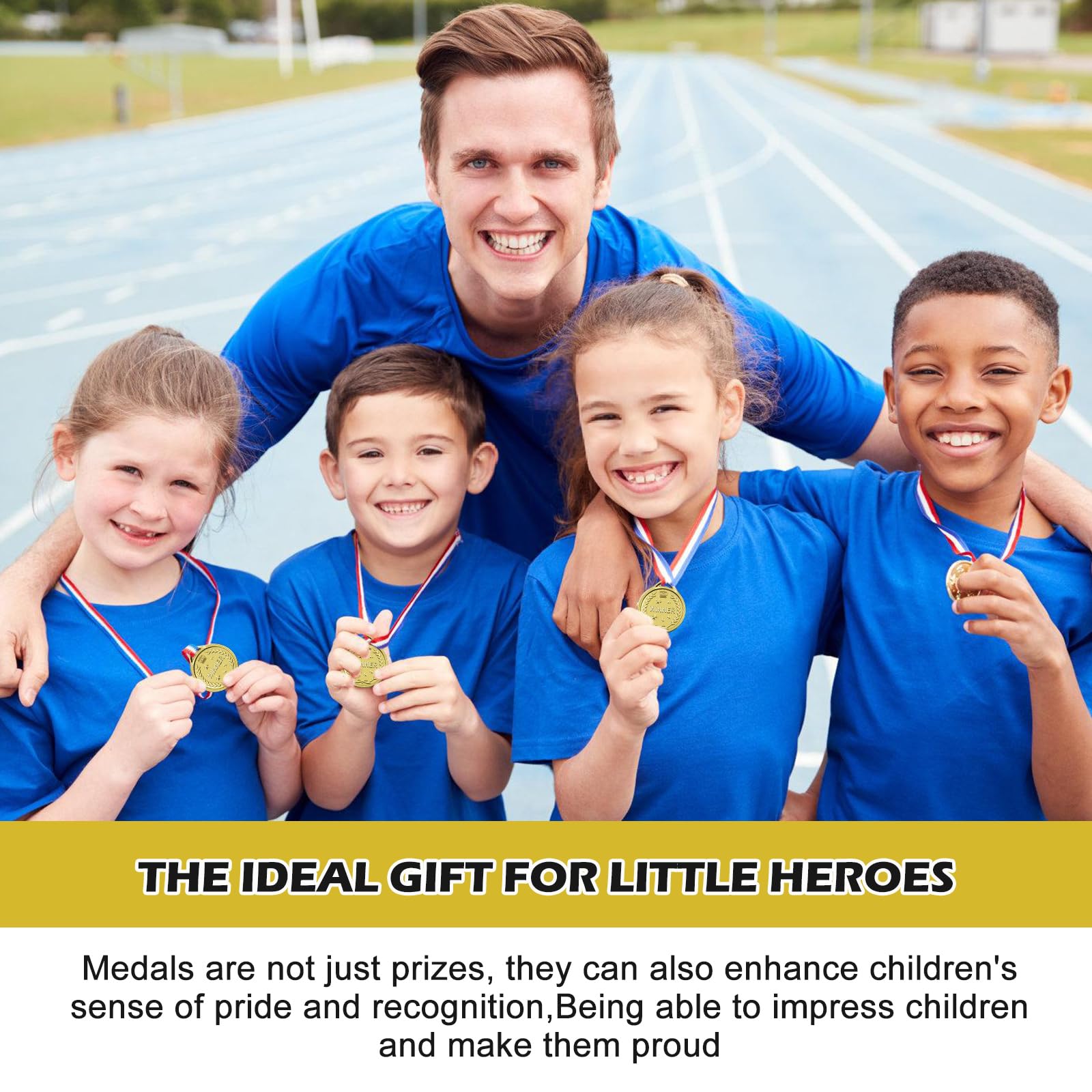 Aicharynic Medallas para niños, 100 unidades, medallas de plástico, medallas de oro con collares, medallas de cumpleaños infantiles para la escuela/día deportivo, cumpleaños infantil, fiestas, juegos