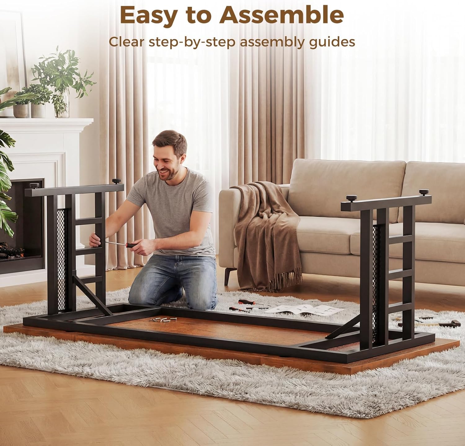 OffiGo Executive Desk, 71 Inch Office Table with Power Ports, Large Computer Desk with 3-Piece Thickened Board for Home Office, Workstation, Rustic Brown (not Adjustable)