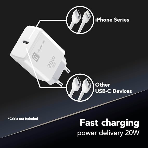 Cellularline 20W Şarj Adaptörü (iPhone 8 ve Üstü ile Uyumlu, USB-C, 4A, 20W)