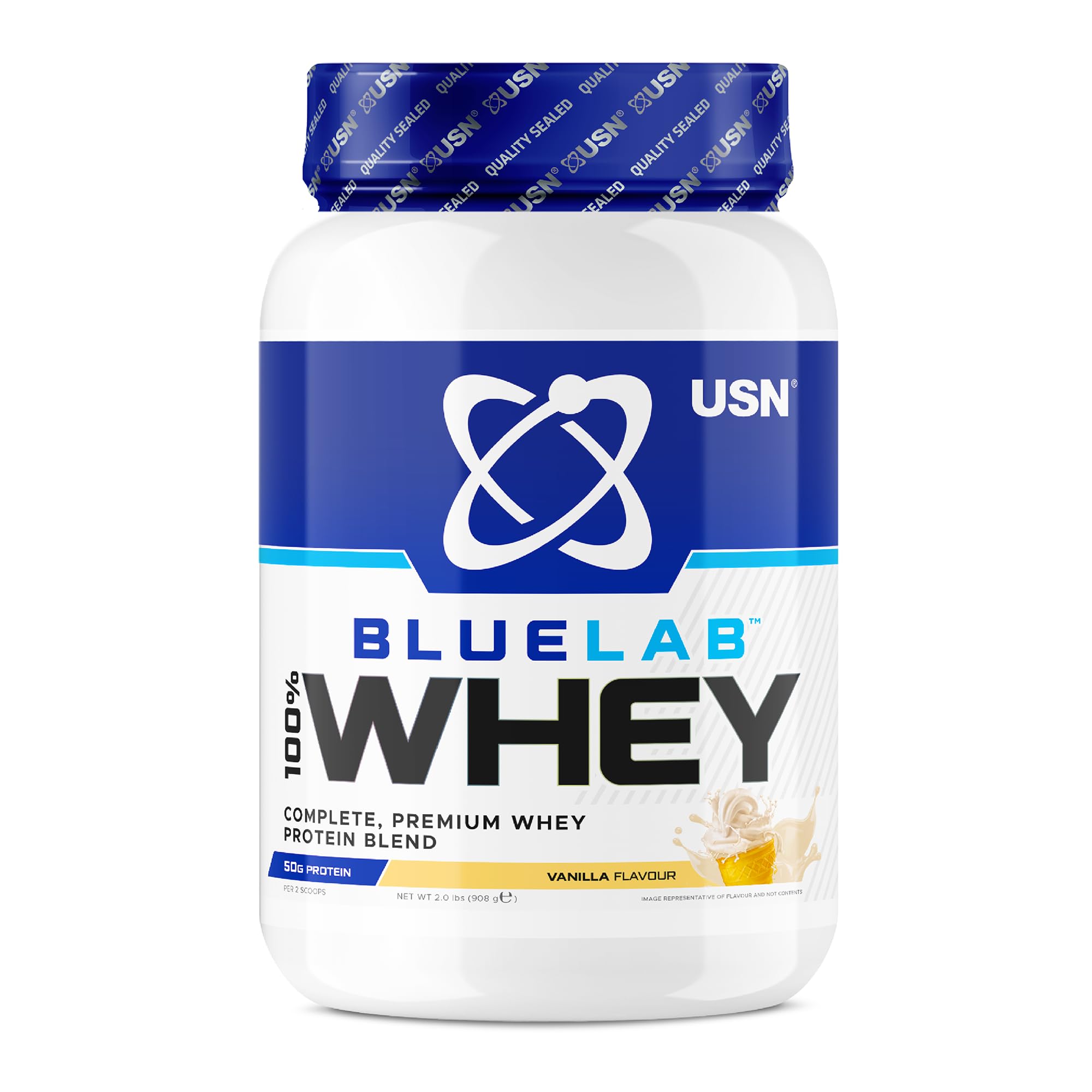 USN Blue Lab Whey Vanilla 908 gms, Premium Whey Protein Powder, Scientifically-formulated, High Protein Post-Workout Powder Supplement with Added BCAAs