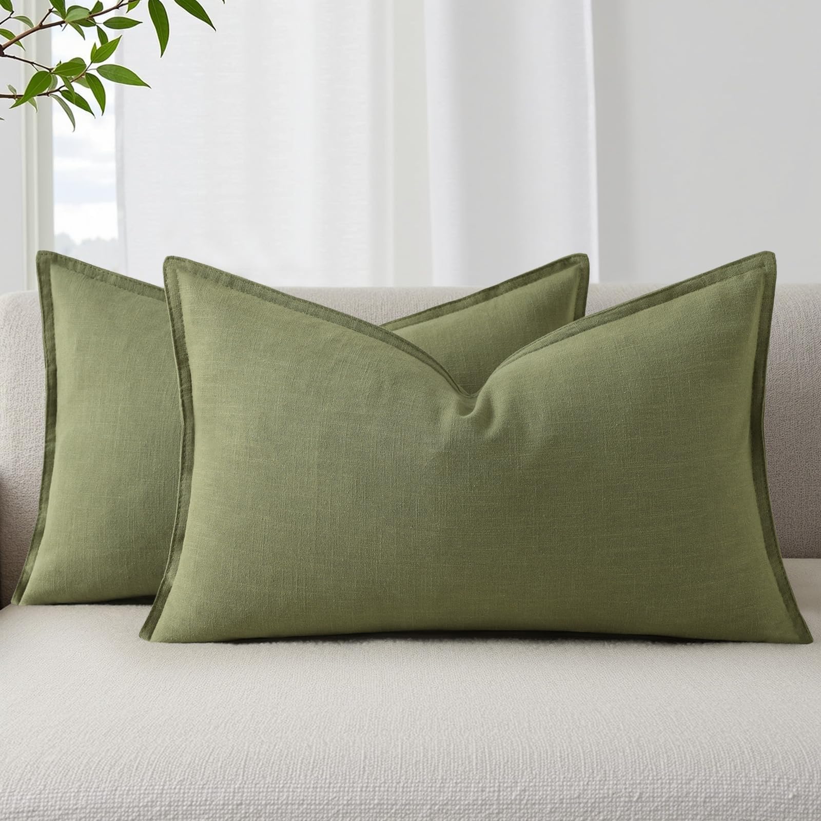 decorUhome Fall Olive Green Linen Throw Pillow Covers 12x20 Set of 2