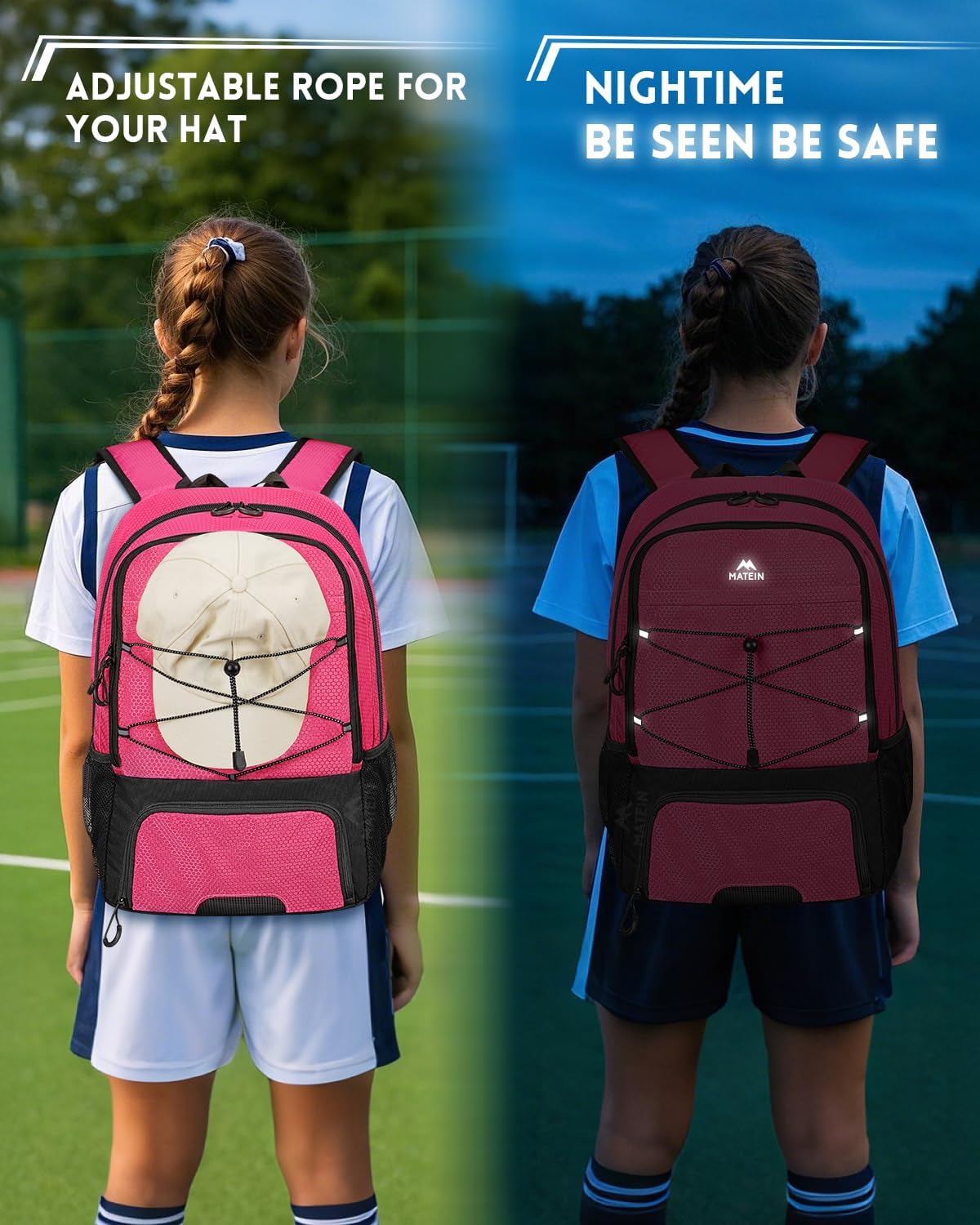 MATEIN Girls Soccer Backpack, Large Basketball Bag with Ball Holder & Shoe Compartment for Tournament & Game Day, Lightweight Youth Sports Bag with Fence Hook Fits 15.6 Inch Laptop, Soccer Team Gifts