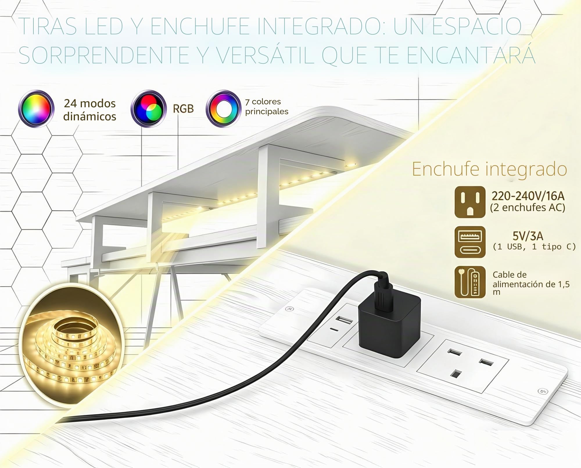 Mesa Gaming en Forma de L con Luces LED RGB y Tomas de Corriente, Pequeño Escritorio de Ordenador de 100 x 80 cm con Estantes Regulables, Blanca