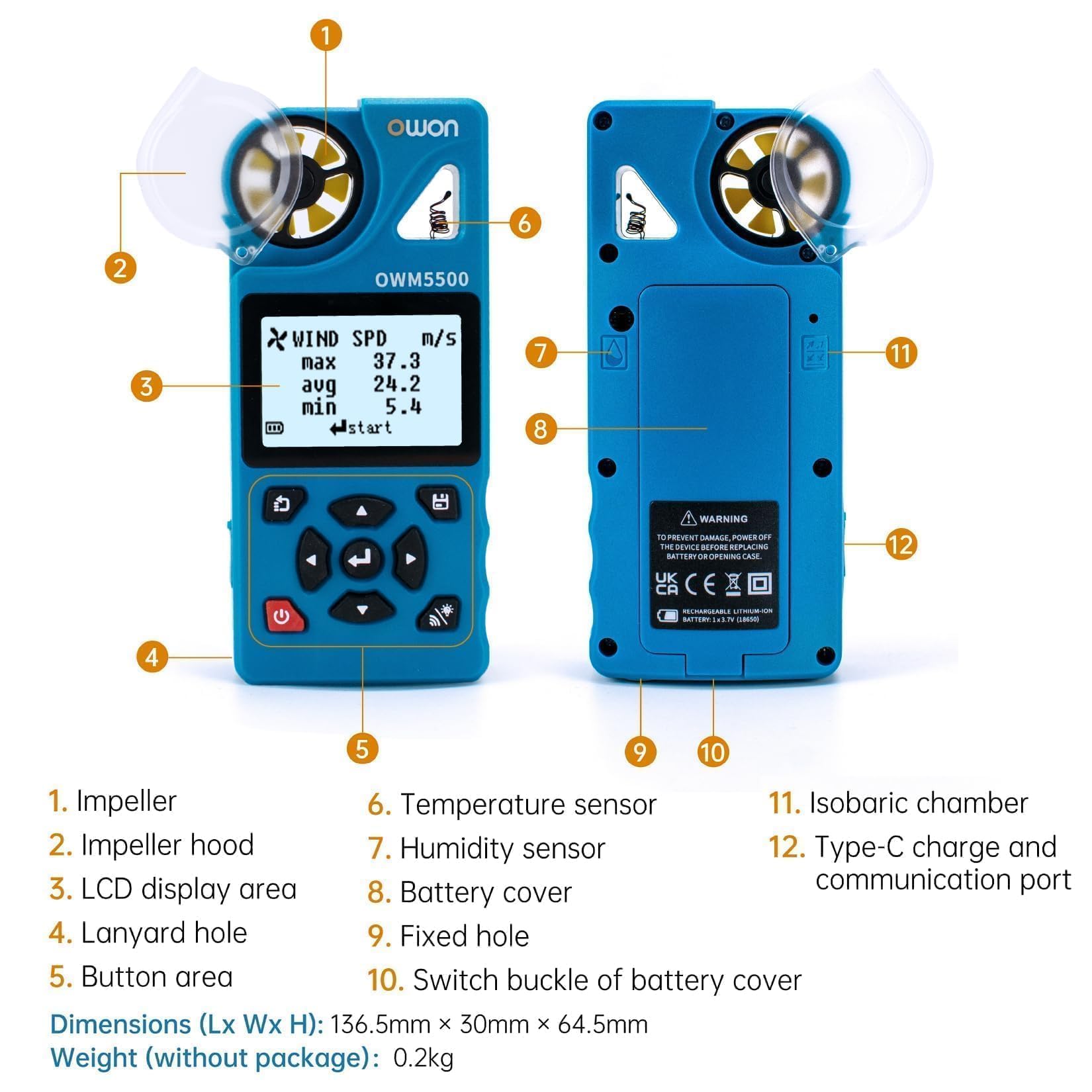 OWON Anemómetro Digital OWM5500: Herramienta HVAC portátil para el Flujo de Aire CFM, medición de la Velocidad del Viento, Temperatura y monitoreo de la Humedad con sincronización USB a PC.