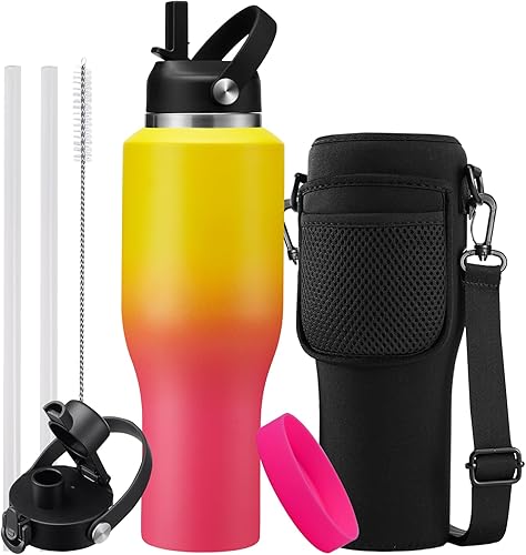 Miniatura 42 de Botella de agua de 32/40 onzas con estuche de transporte, botella aislada de acero inoxidable con tapa y pajita, taza térmica al vacío de doble