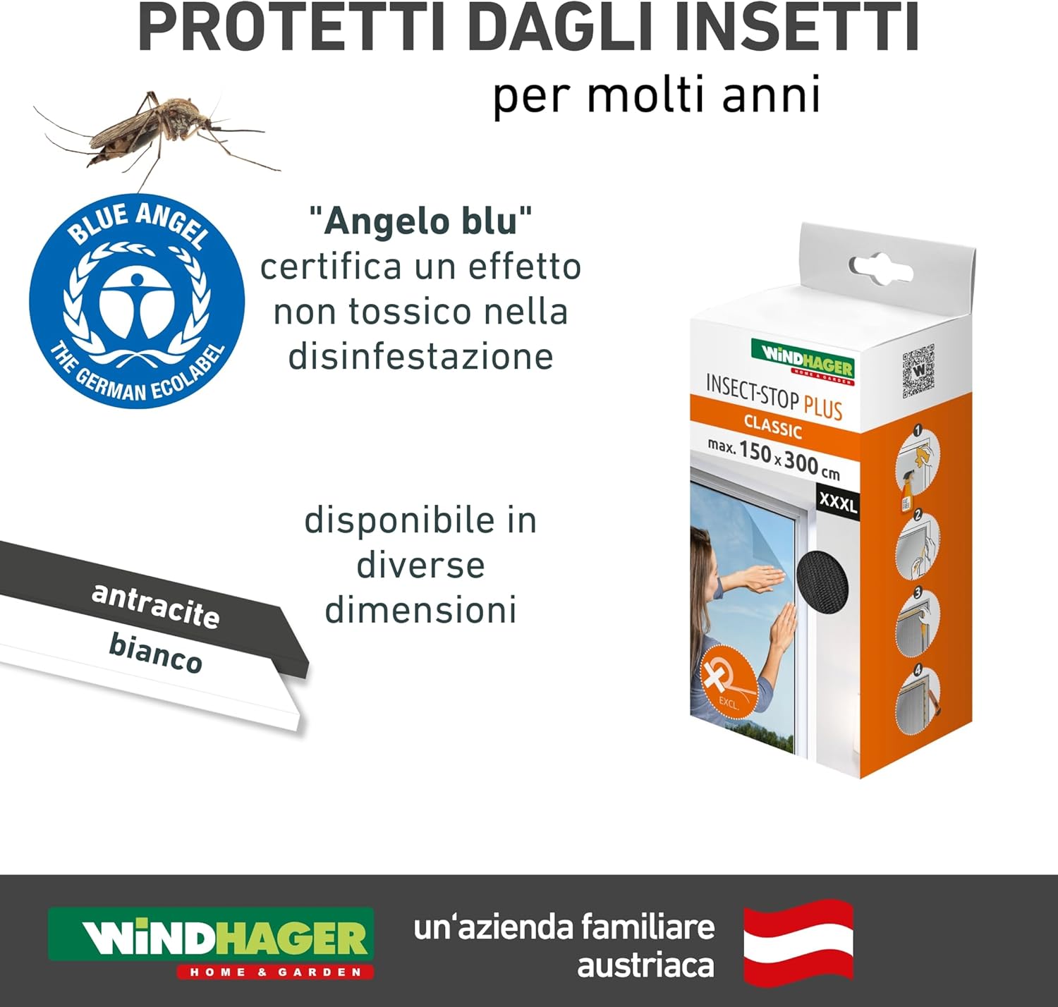 Windhager product packaging showing dimensions and Blue Angel certification