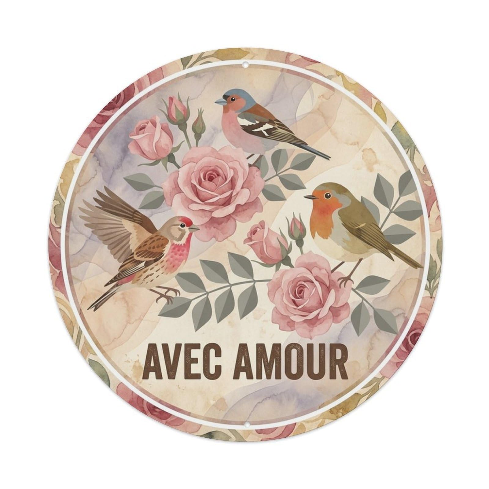 Rose Bouquet Watercolor Bird Slogan Avec Amour Metal Tin Sign