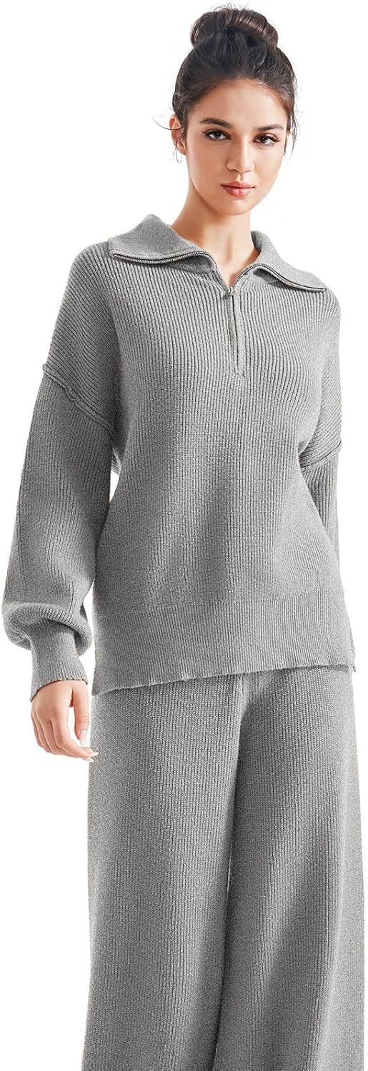 SUUKSESS Women 2 Piece Lounge Sets Oversized Quarter Zip Pullover Wide Leg Pants - Image 2
