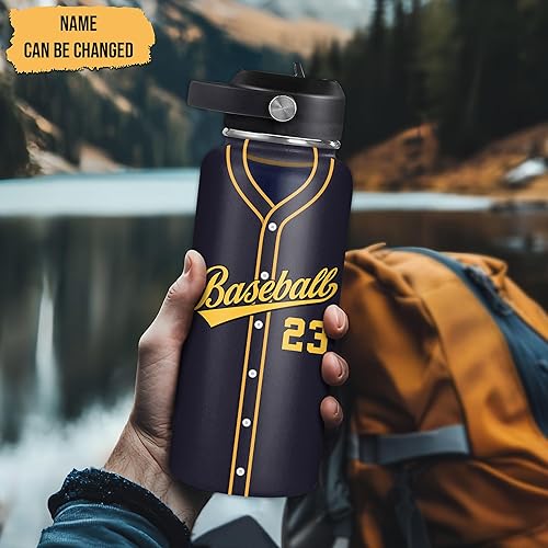 Vista 13 de Hyturtle Botella de agua de béisbol personalizada, botella de acero inoxidable aislada de viaje con tapa a prueba de fugas, 18 onzas, 32 onzas