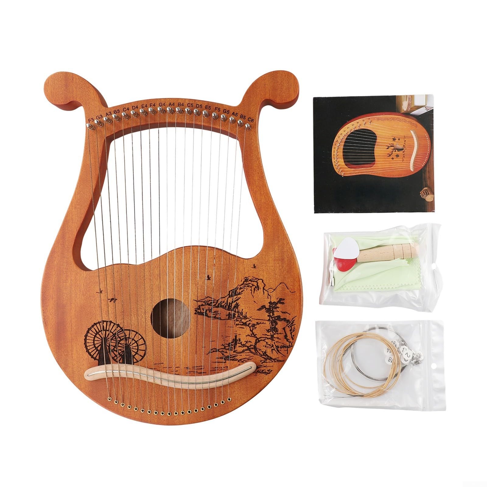 Arpa a lira, 19 corde in metallo, in mogano, strumento musicale con chiave per accordatura, set di corde di ricambio, custodia, manuale, stile antica Grecia (per ruota panoramica)