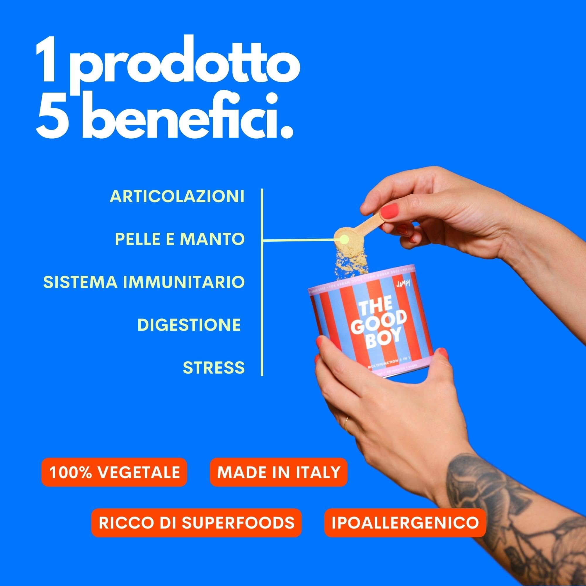 JAMPY Multivitaminico Cani- Integratore Completo con Glucosamina, Biotina, Triptofano, Prebiotici & Probiotici. Supporto Ossa, Pelle, Manto e Benessere Digestivo - 60 misurini.