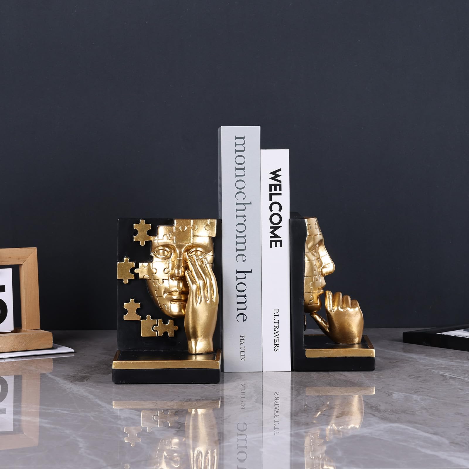 Moderne einzigartige Denker-Bücherregal-Buchstützen von Set 2 – cooles schwarz-goldenes ausgefallenes Gesicht Buchstützen für Regalzubehör, Bürotisch, Heimdekoration