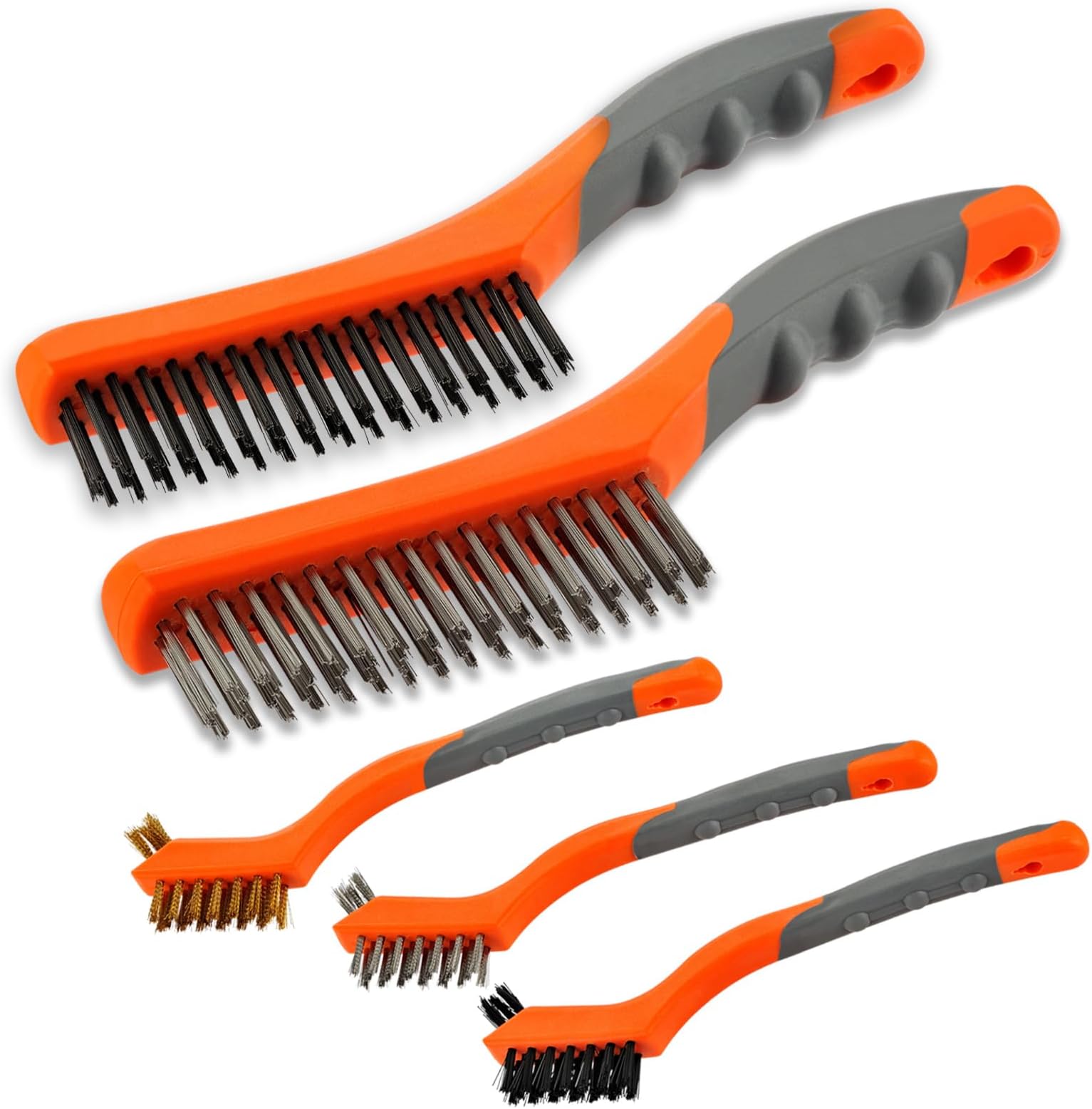 Wire Brush Set 5PCS,Nylon/Brass/Stainless Steel/Carbon Steel Bristles,Wire Scratch Brush for Cleaning Rust, Dirt,Paint Scrubbing with Deep Cleaning with Curved Rubber Handle, Orange and Gray