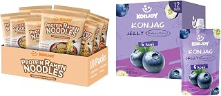 KONJOY Black Garlic Protein Ramen & Blueberry Jelly Bundle – 10-Pack High Protein Tonkotsu Black Garlic Ramen with Blueberry Konjac Jelly Pouches (12 Pack), Vegan, Healthy Meal & Snack Combo
