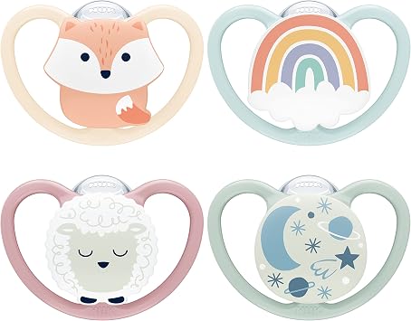 NUK Space Day & Night Pacifier | 0-6 Months | Glow in the Dark Pacifiers with Extra Ventilation for Sensitive Skin | BPA-Free Silicone | Wolf & Sheep | 4 Pack