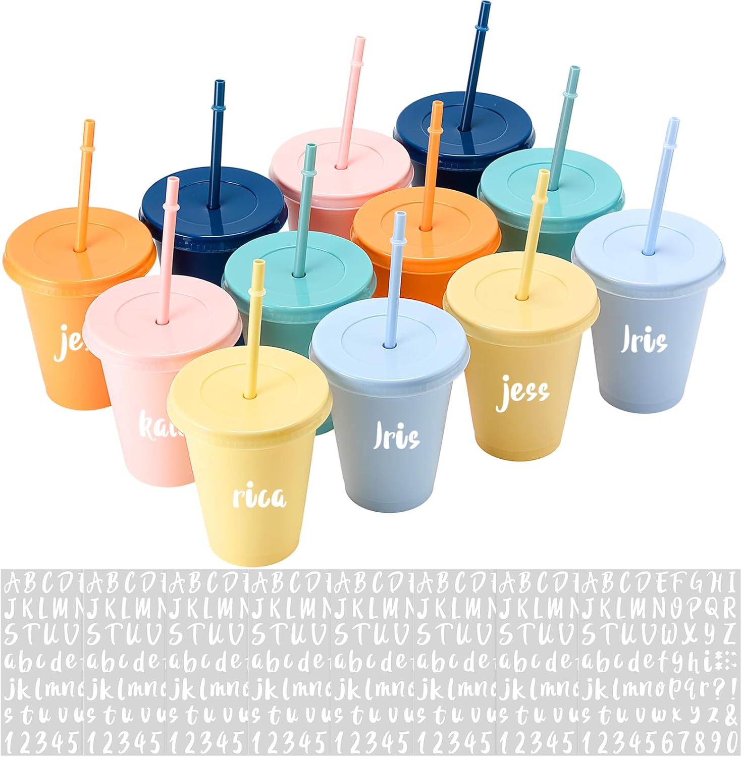 Qinyoung 24 Pcs Plastic Cups with Lids and Straws 16 oz Reusable Rainbow Colored Drinking Cups Set for Adult Iced Coffee Tumblers with Stickers for Summer Party (Morandi Colors)