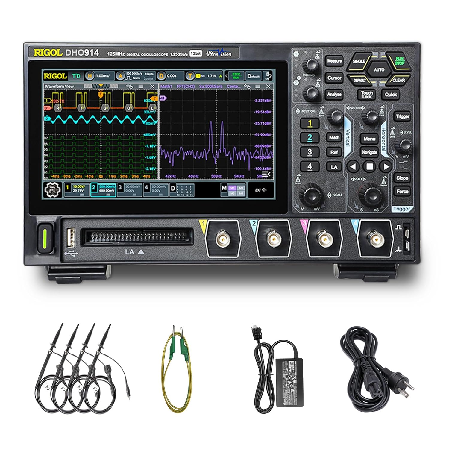 RIGOL Digital Oscilloscope DHO914 125 MHz 4-Ch + 16 Digital 1.25 GSa/s 12-bit 50 Mpts UltraAcquire 1,000,000 wfms/s 7" Touch LAN/USB/HDMI Web Control SCPI for Power Ripple MCU Bus
