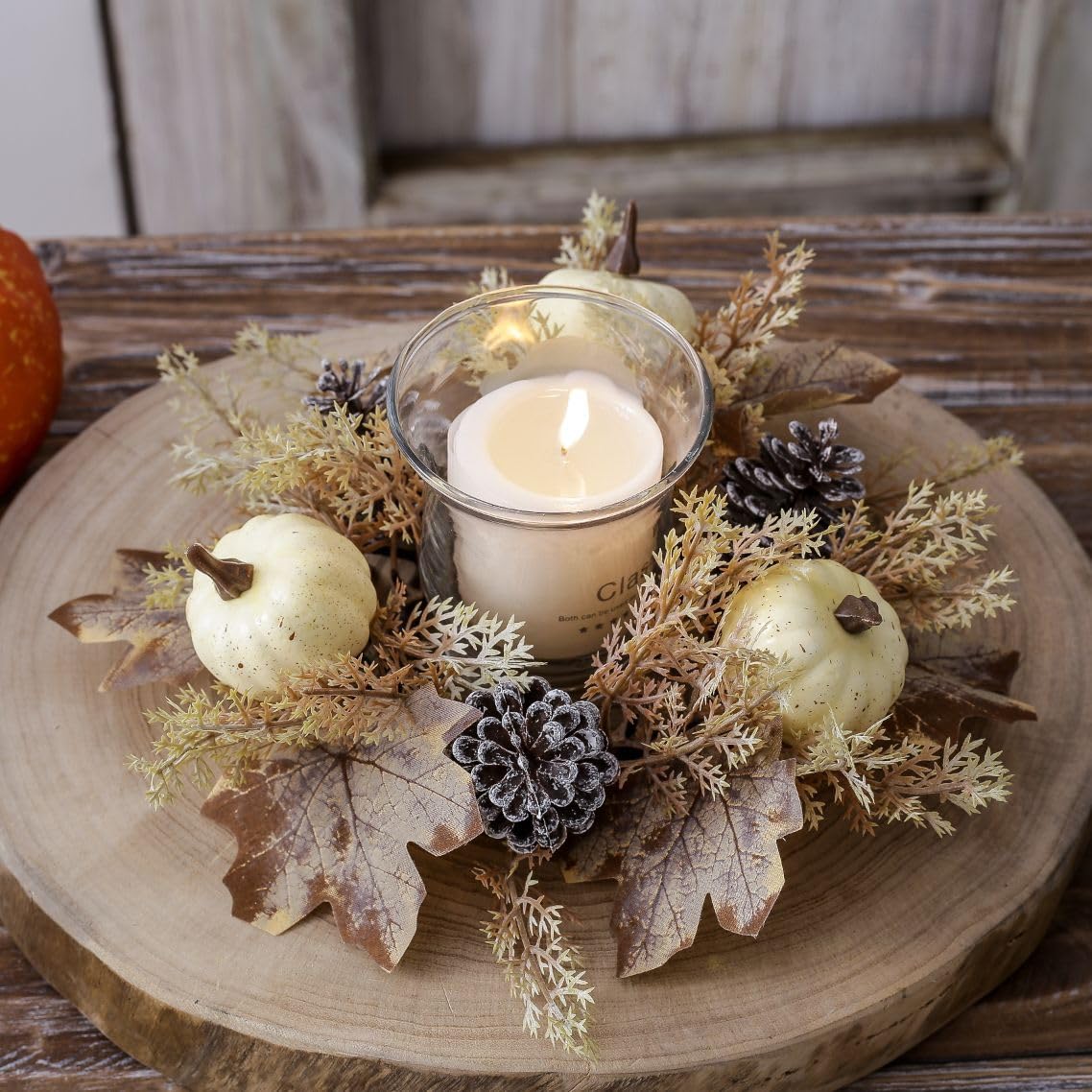2 Pcs Artificial Pumpkins Maple Leaves and Berries Pine Cone Candle Rings Fall Candle Holders Small Wreath 3" Center for Farmhouse Thanksgiving Halloween Centerpiece Table Decor (White)