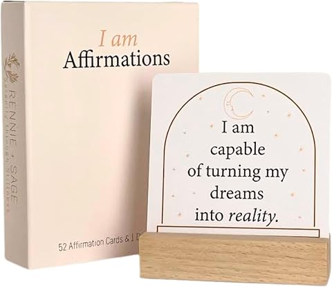 I Am Positive Affirmation Cards with Wooden Stand - 52 Inspirational Decor Cards