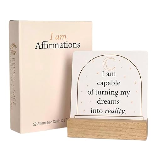 Rennie and Sage I Am Positive Affirmation Cards | 52 Decor Cards with Wooden Stand | Inspirational Cards with Soothing Colors to Display on Vision Boards | Giftable Affirmations