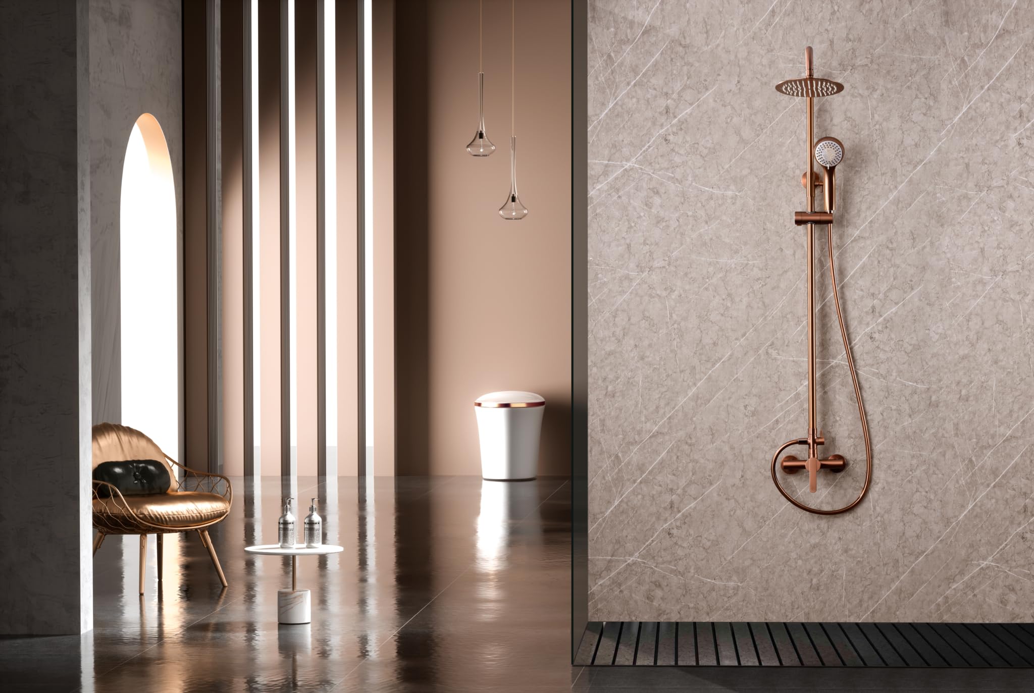 IMEX Barra de Duchao – Grifería de Latón Serie ROMA, Columna Ducha Moderna, Extraplano con Rociador Ø20 cm, 3 Posiciones, Acabado Antical. (Oro Rosa Cepillado)