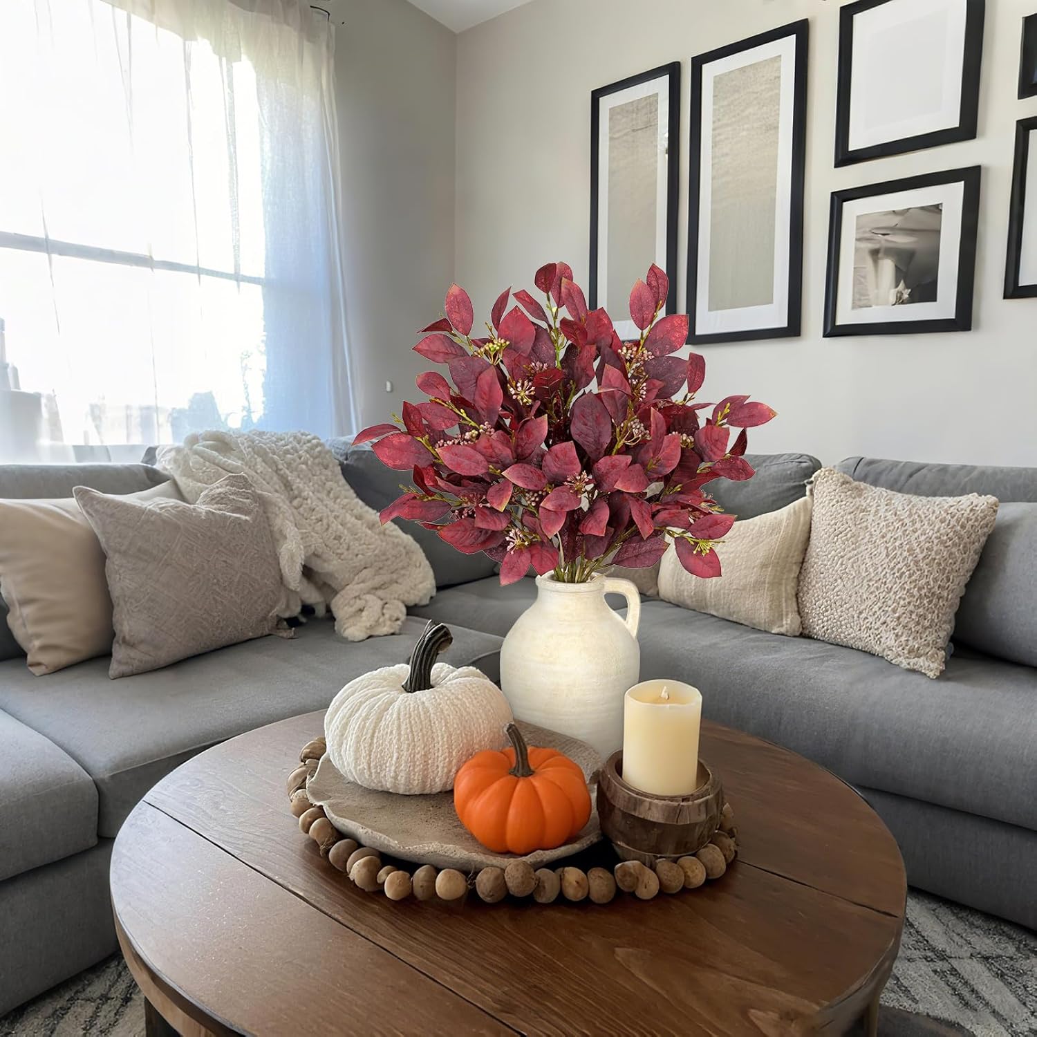 3 Pcs Artificial Fall Burning Bush Leave Bundles with Flower Seeds Branches for Autumn Floral Arrangements, 18" Fake Burgundy Leaves Bunches with Stems for Party Table Centerpieces & Gothic Decor - Image 5