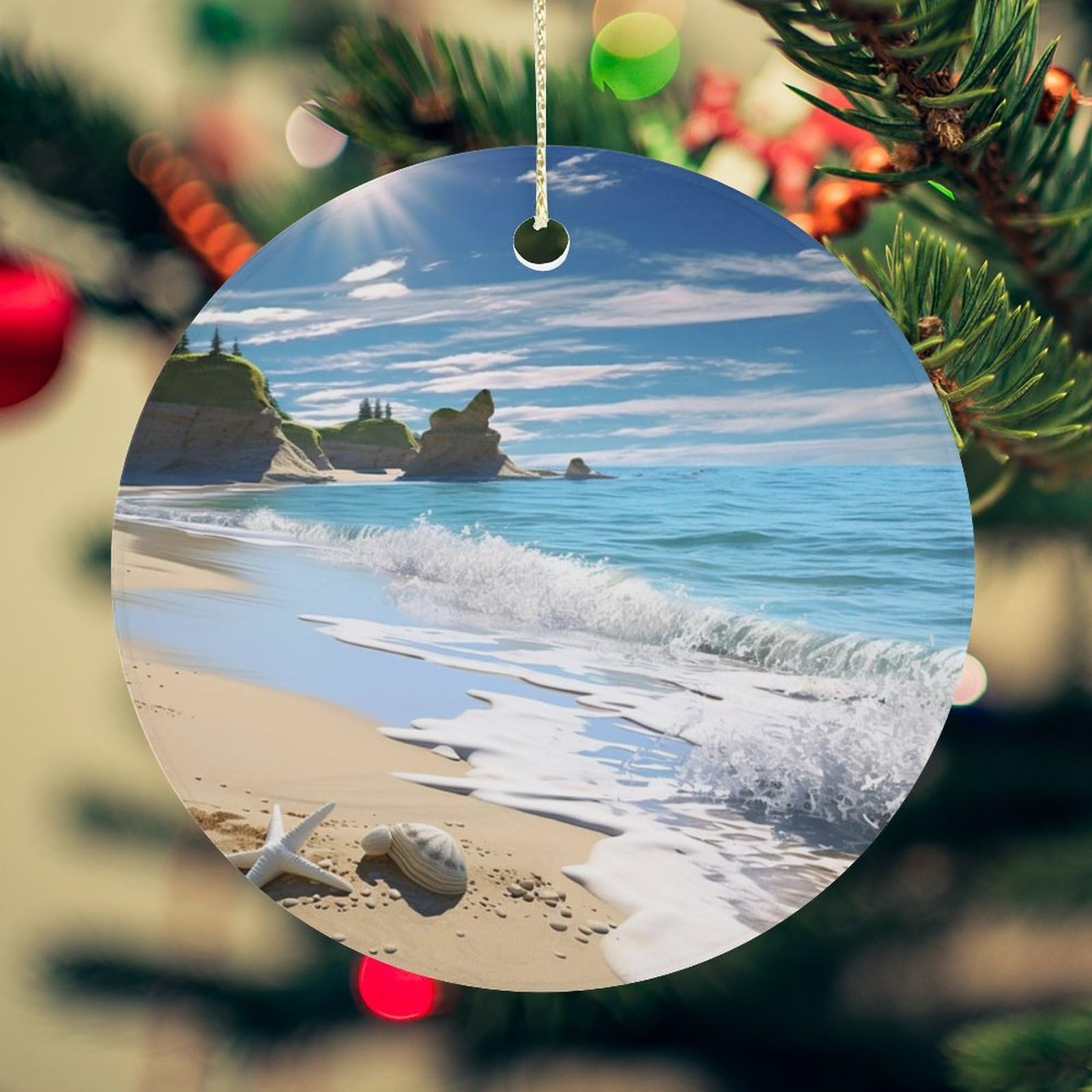 Ocean Beach Christmas Ornament for Christmas Tree Ceramic Round Ornament Winter Holiday Keepsake Gift 2.7" Christmas Tree Hanging Decorations Circle Ceramic Pendant Xmas Gift