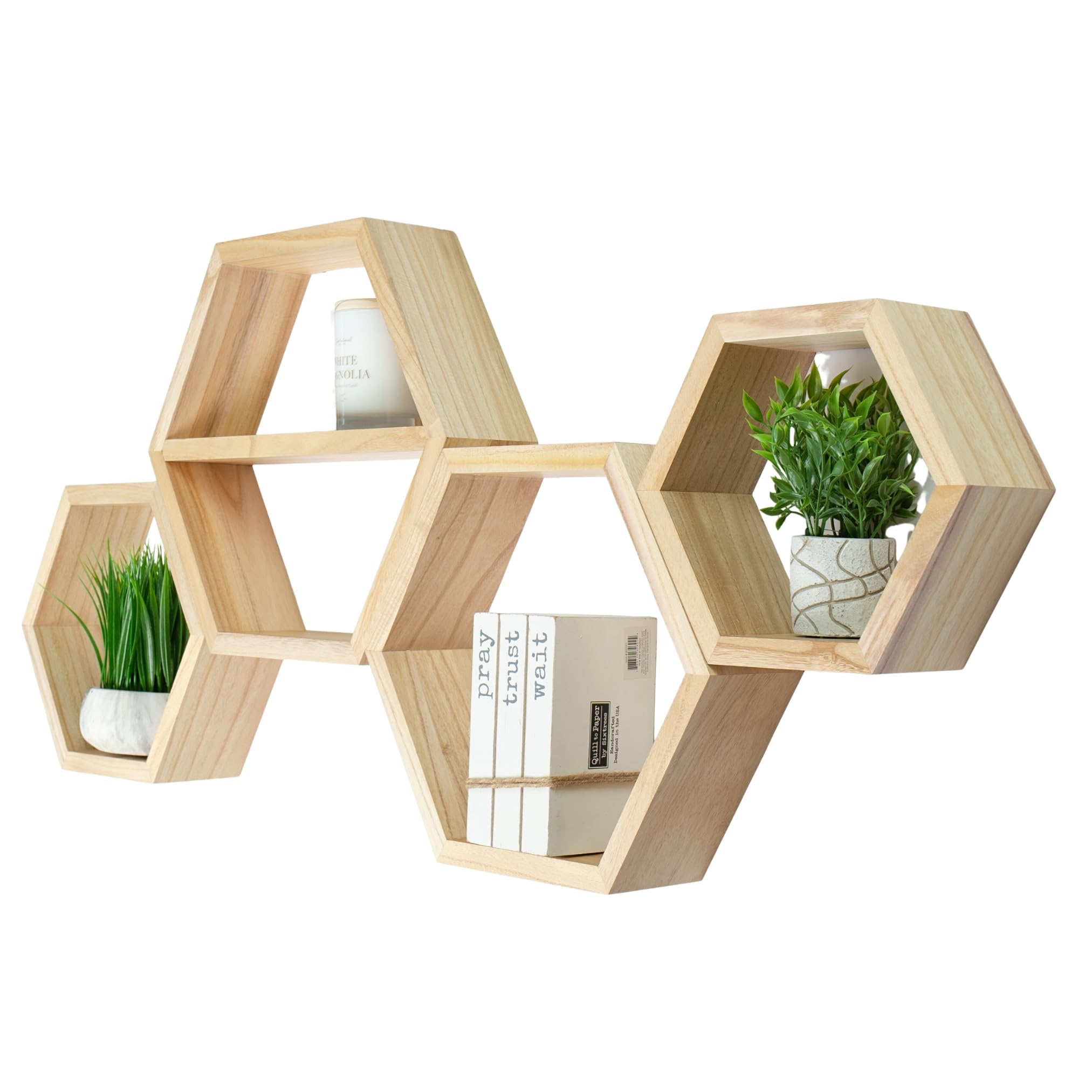 LABEND HOME Hexagon Floating Shelves Set of 4 - Solid Wood Wall Mounted Shelves - Honeycomb Geometric Display Shelves for Living Room, Bedroom,