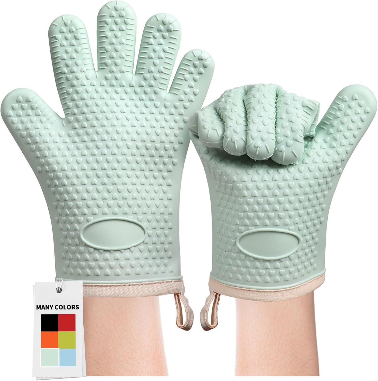 2pc Silicone Oven Mitts Heat Resistant 500 Degrees,Waterproof & Non-Slip Oven Gloves with Fingers,Cotton Lined Silicone Oven Gloves Kitchen Mitts for Baking Cooking BBQ (Adult Size-Green)