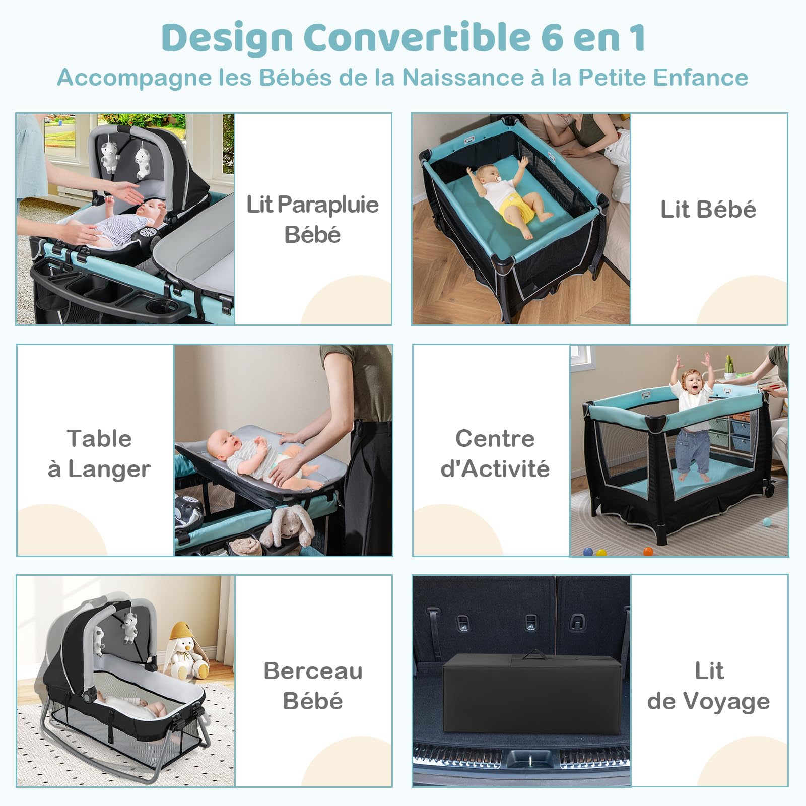 COSTWAY 6 en 1 Lit Parapluie Bébé avec Matelas & Table à Langer, Lit Bébé Evolutif avec Auvent Réglable & 2 Jouets, Musique et Sac de Transport, Berceau pour Bébé de 0-3 Ans