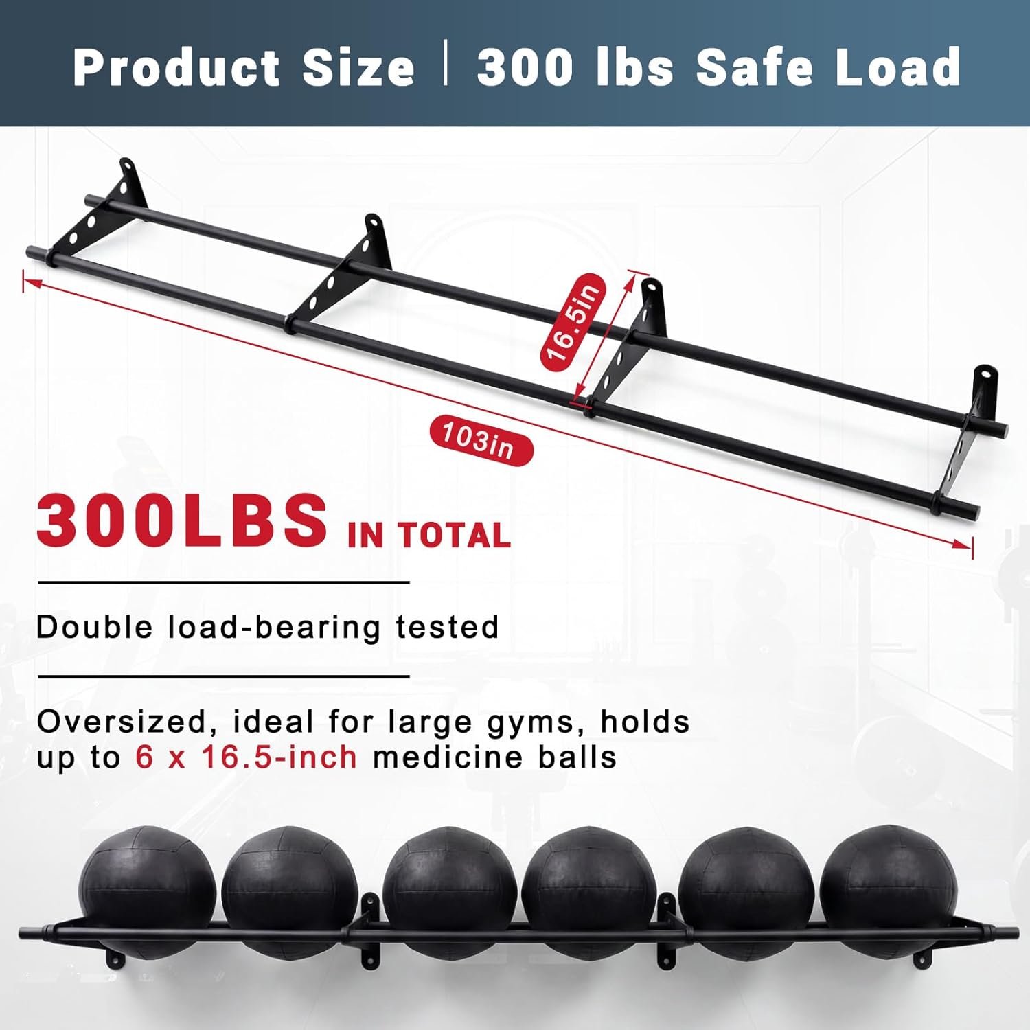Sintuff 103 Inch Wall-mounted Adjustable Medicine Ball Storage Rack, Holds up to 6 Balls Storage Rack Basketballs, Space-saving Gym Equipment Organizer for Home Commercial Workout Space