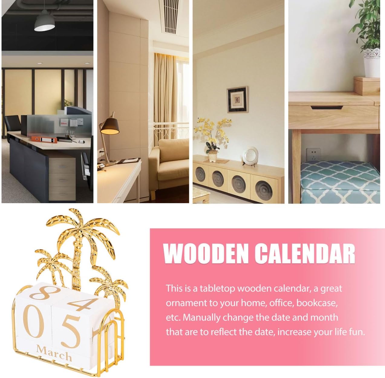 SUPVOX Wooden Perpetual Block Calendar for Desk, Golden Decorative Date Display with Movable Blocks, Rustic Office and Home Decor for Parties and Holidays, 4.72 X 3.54 X 1.57 Inches