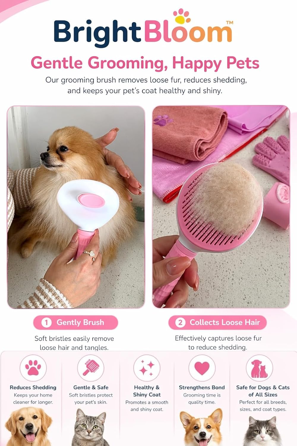 Pet Grooming Kit for Dogs & Cats - Deshedding Brush, Bath Scrubber, Gloves & Towel - Complete Home Grooming Set (Pink & Blue) (PINK)