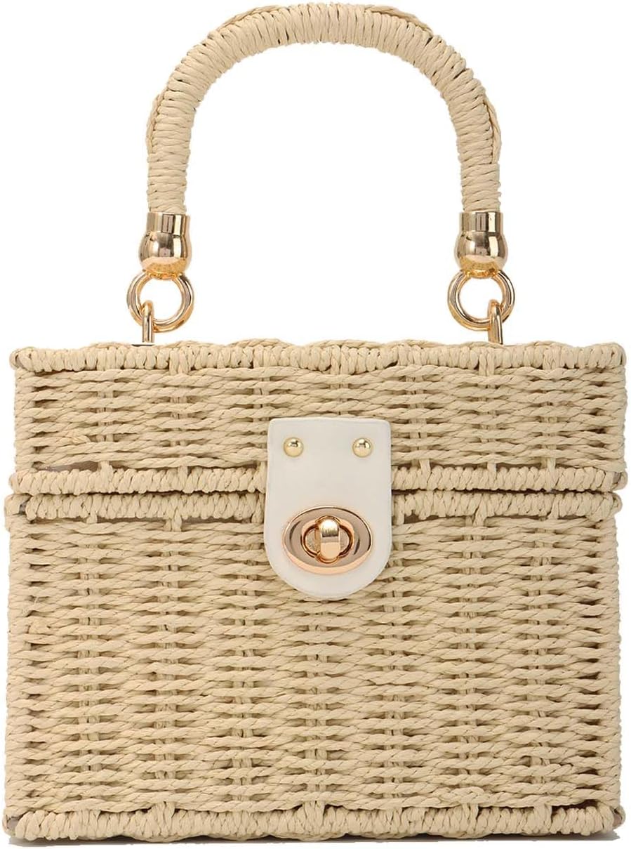 Women Handwoven Straw Bag Rattan Handbag Beach Straw Tote Bag Square Boho Crossbody Bag