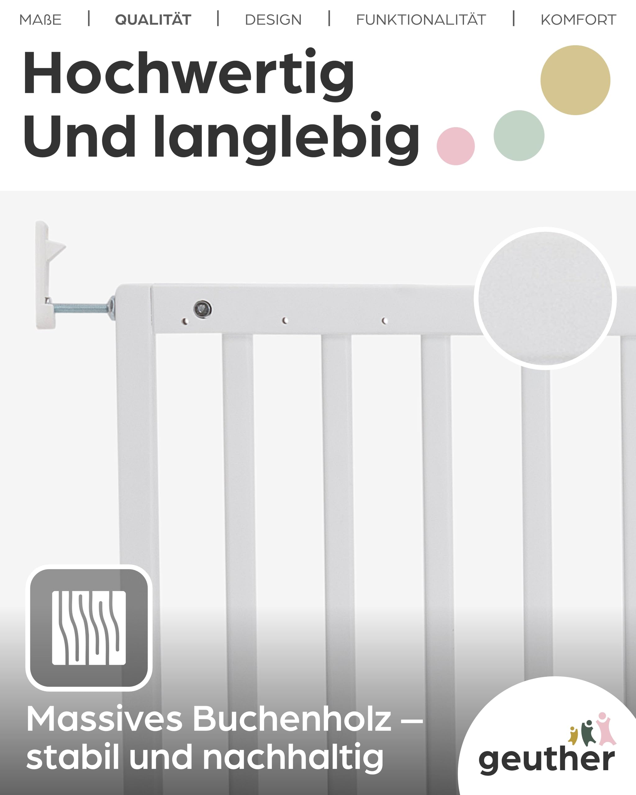 Geuther Türschutzgitter Holz 63-103,5 cm, Weiß I Treppenschutzgitter zum Bohren I Extra hohes Babygitter, Sicherheitsgitter für Treppe & Tür I Als Hundegitter Wohnung & Kinderschutzgitter