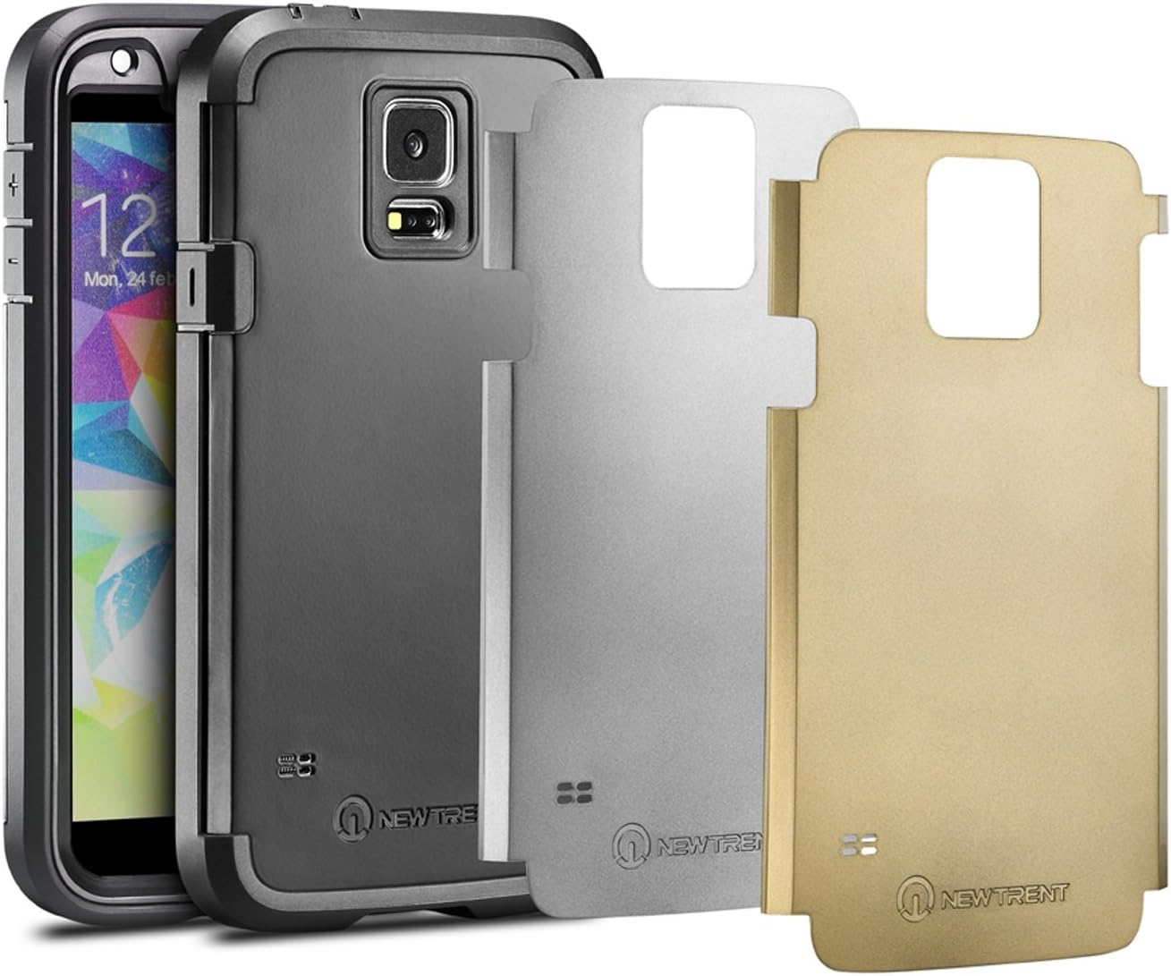 New Trent TPU Shell Polycarbonate Splash Resistant Shockproof cover with Interchangeable Back Plate for Samsung Galaxy S5 (Black/Silver/Gold)