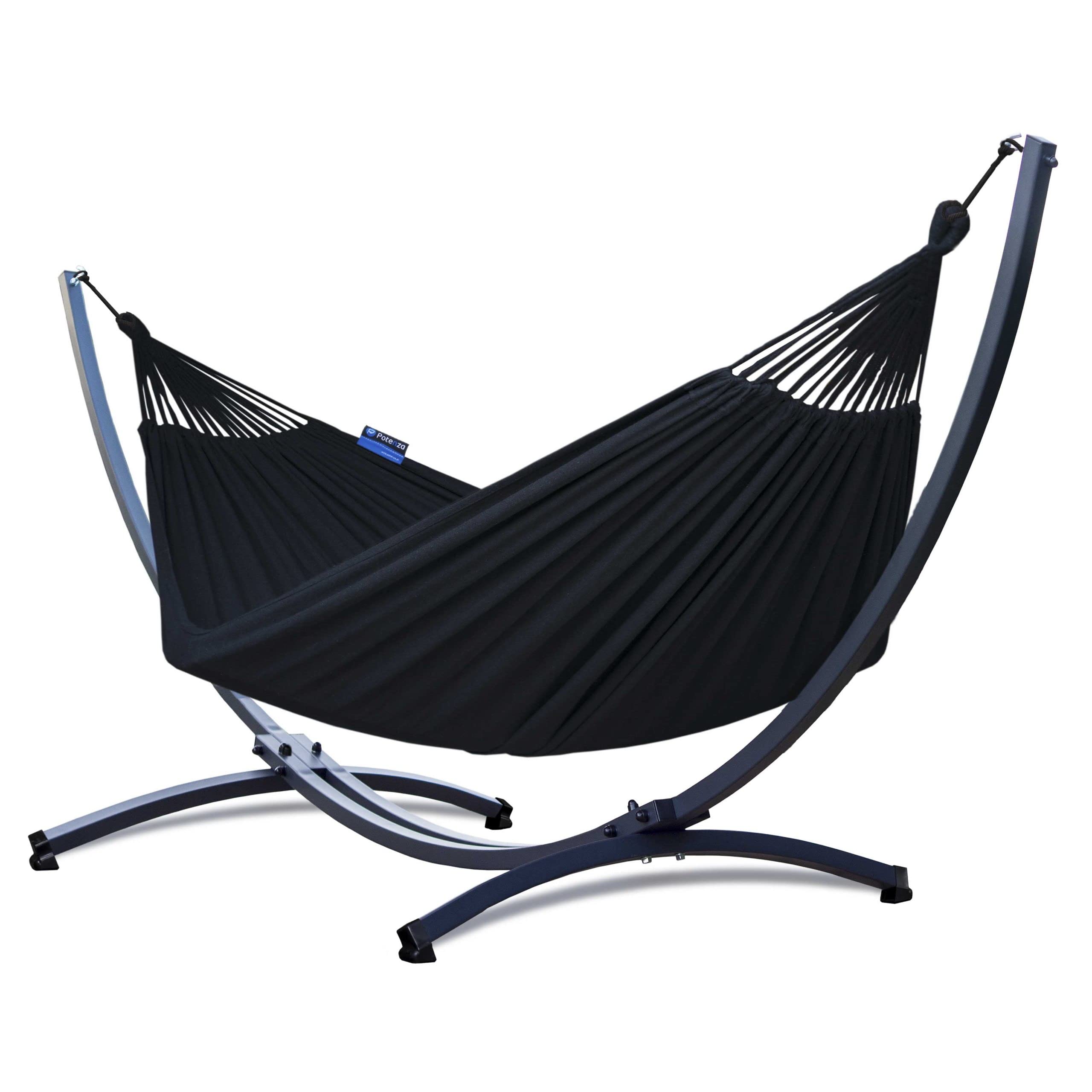 Potenza Hamaca con Soporte Incluido en Jardin, de Tela Multicolor, para 2 Personas Doble I Grande Soporte Capacidad de 220 Kg I Hamaca 220x160 cm (Negro, Básico Soporte Grafito)