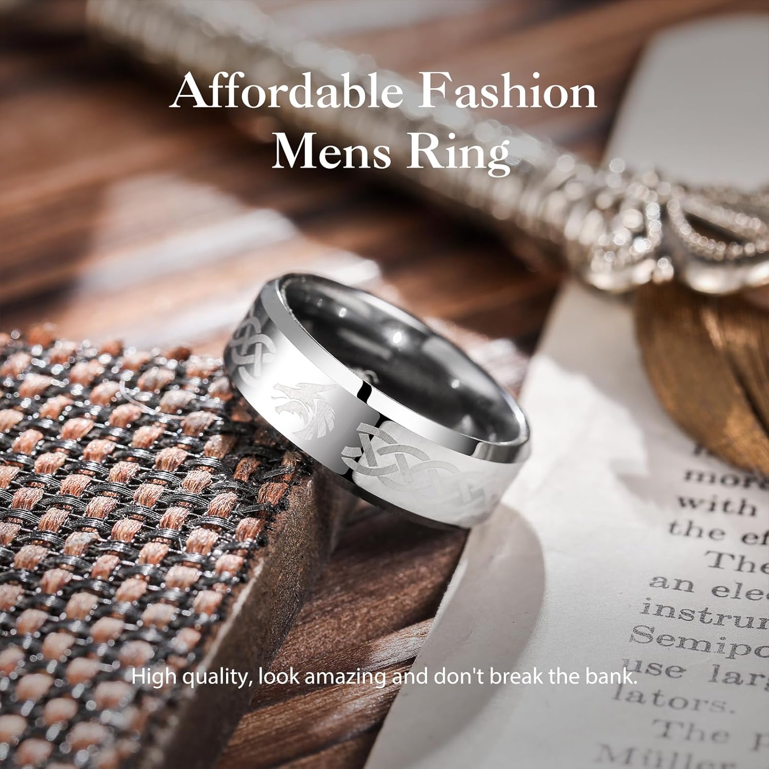 King Will 8mm Black/Silver/Blue Mens Tungsten Carbide Ring Laser Celtic Knot/Wolf Head/Dragon Polish Edge Wedding Band Comfort Fit