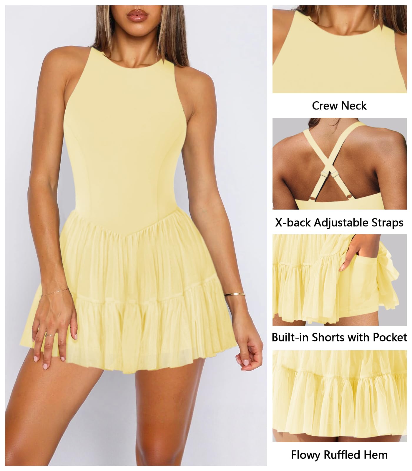 Hragc Damen-Tenniskleid, fließend, plissiert, Rüschen, athletisches Kleid für Damen, Sommer, U-Boot-Ausschnitt, ärmellos, Mini-Golfkleid, Shorts, Taschen