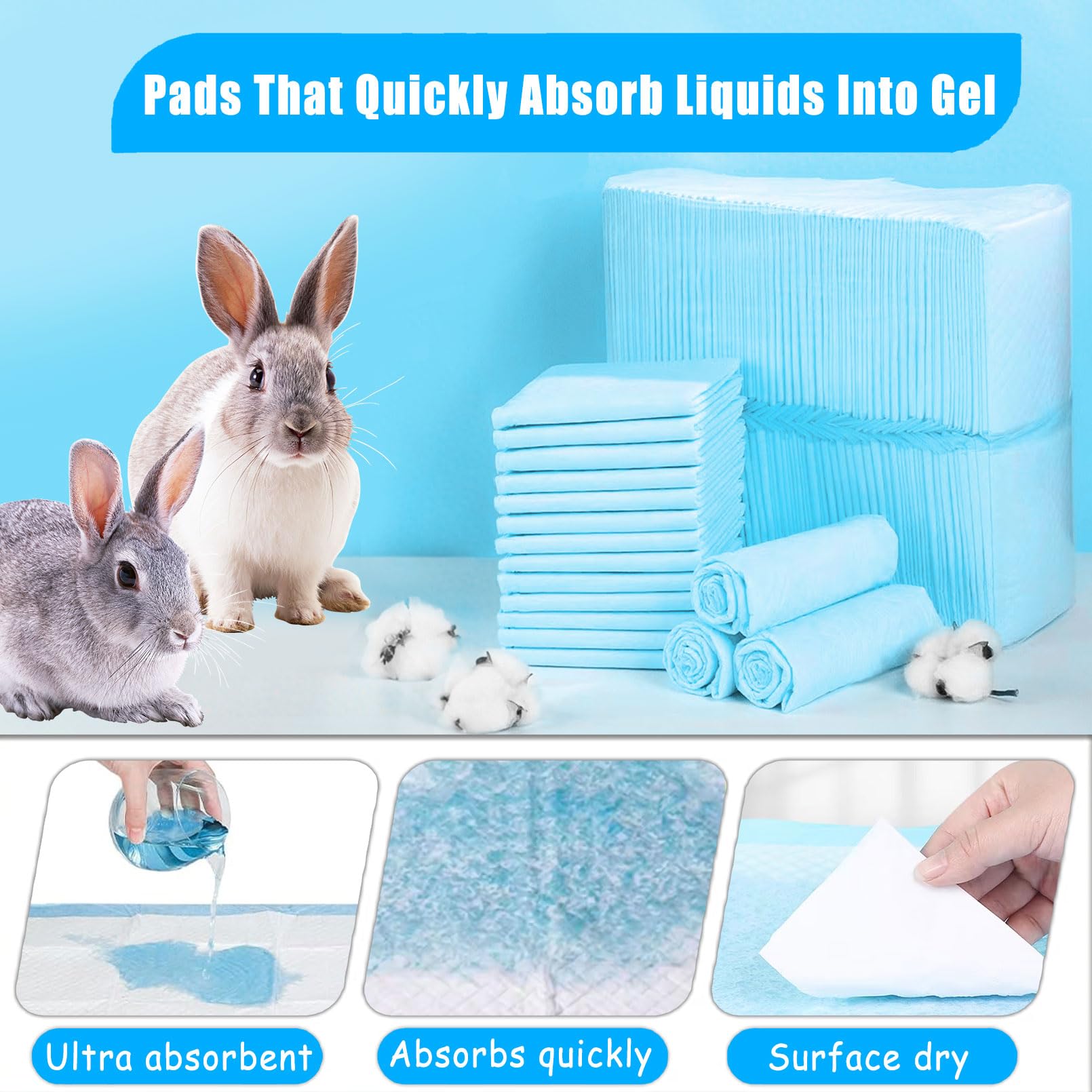 Kathson 50 Pcs Rabbit Pee Pads – Super Absorbent Disposable Cage Liners For Small Pets (22x22 Inch)