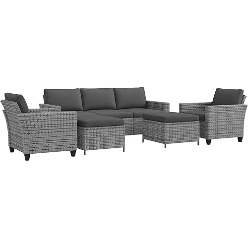 Outsunny 5 Piece Patio Furniture Set with Cushions, Outdoor Conversation Set with Rattan 3-Seater Sofa, Chairs & Footstools for Backyard, Lawn and Pool, Mixed Gray