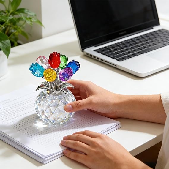 Crystal Figures Collectibles, Aesthetic Realistic Colourful Rose Statue, Crystal Sculpture Flower Vase Decoration - For Wife Mother Mother's Day Wedding Birthday Home Desk Table