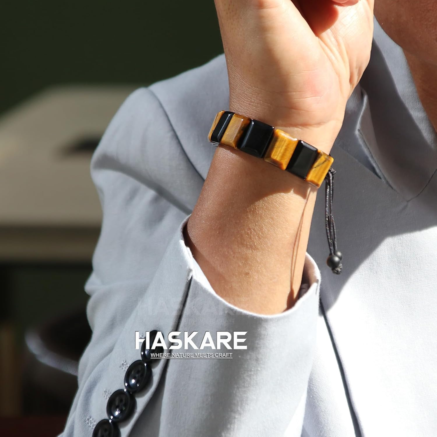 HASKARE Tiger Eye Bracelet for Men - Unique Natural Tiger Eye Obsidian Howlite Stone Protection Crystals Stuffers for Men Christmas Father's Day