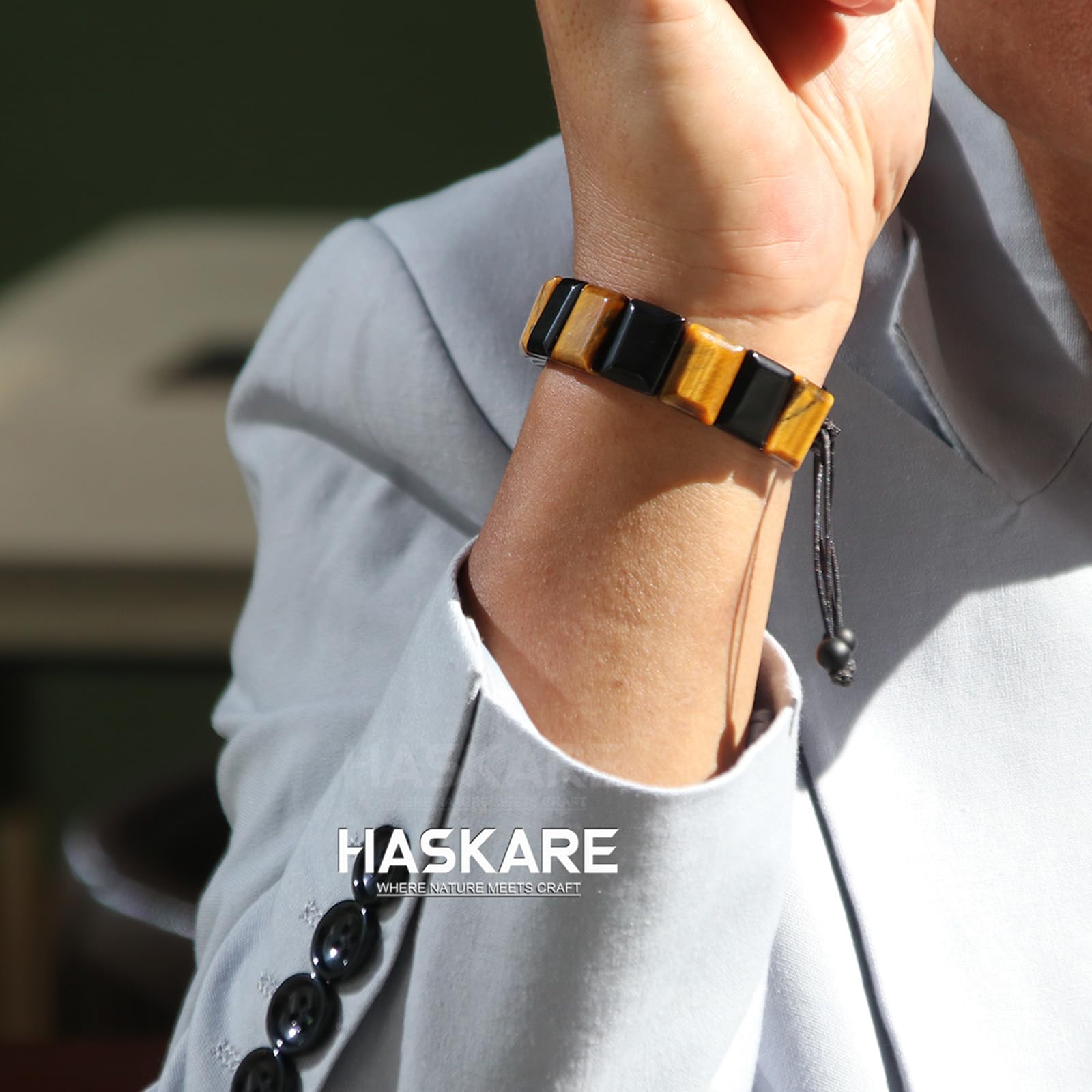 HASKARE Herren Naturstein-Armband Set – Schutz Kristall Howlith Obsidian Tigerauge-Armband handgefertigt verstellbar maskuliner spiritueller Schmuck, Geschenk für ihn Vater zu Geburtstag – Stressabbau