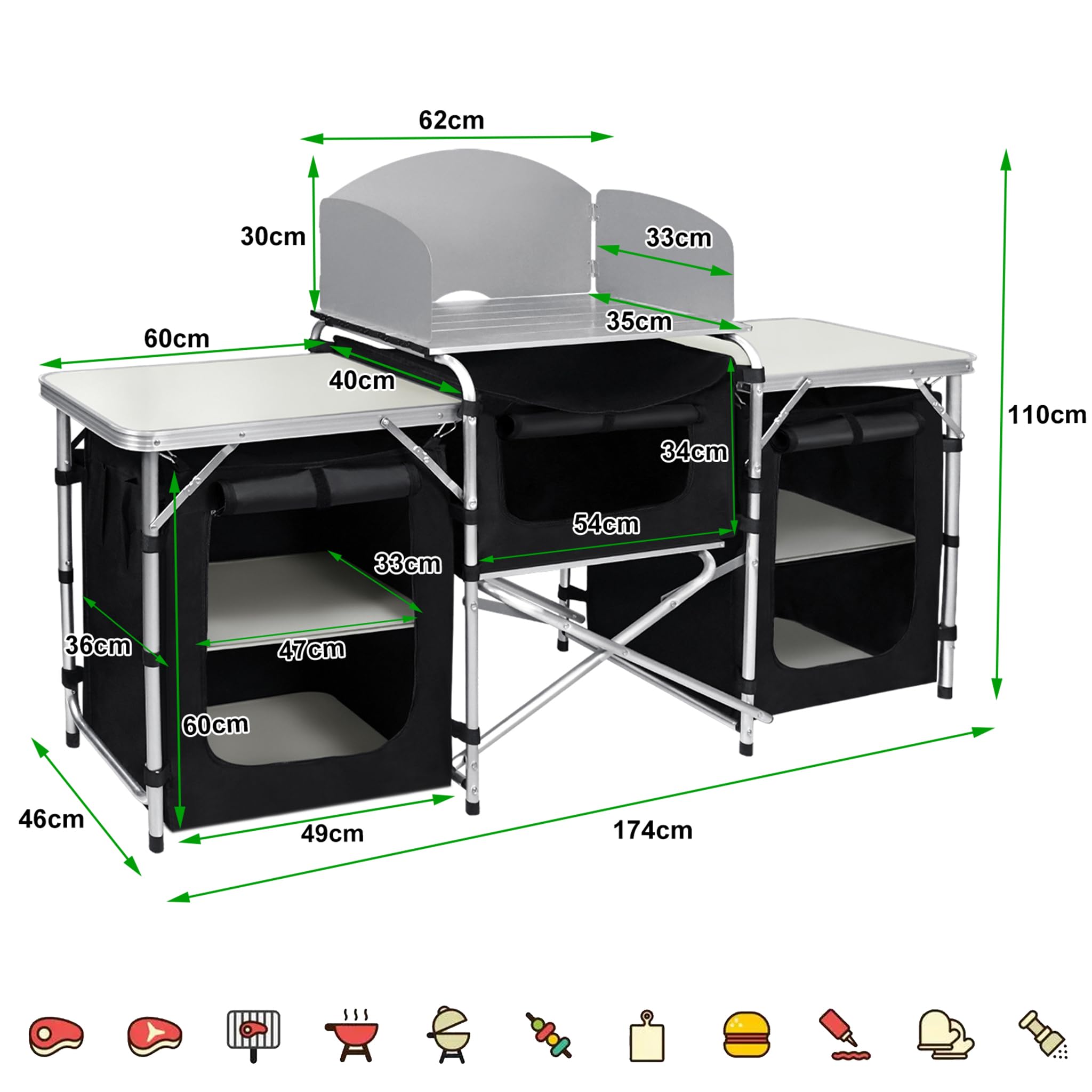Froadp 174x46x110cm Camping Keuken Opvouwbare Campingkast met Aluminium Frame & Draagtas Mobiele kasten Outdoor Keuken Kabinet Reizen Keuken Box Tent Kabinet voor Camping Reizen (Type A