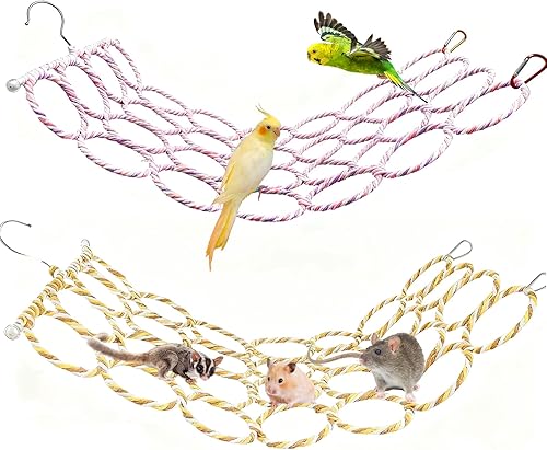 Red de cuerda de cáñamo para pájaros, columpio, perca, cuerda de escalada, escalera, hamaca, red para colgar, juguete de actividad con 2 ganchos