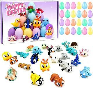 24pcs Prefilled with Easter Eggs 3D Printed Animals, Mini 3D Printed Figurines Gifts Toys for Kids Easter Basket Stuffers for Boy Girl School Classroom Prizes Hunt Supplies Party Favors
