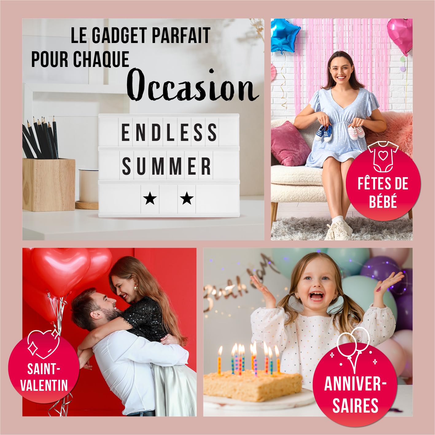 EASYmaxx boîte lumineuse DEL | fonction minuterie | 173 lettres et symboles interchangeables inclus | Modes de changement de couleur différents | Aux piles ou à câble USB [A4]