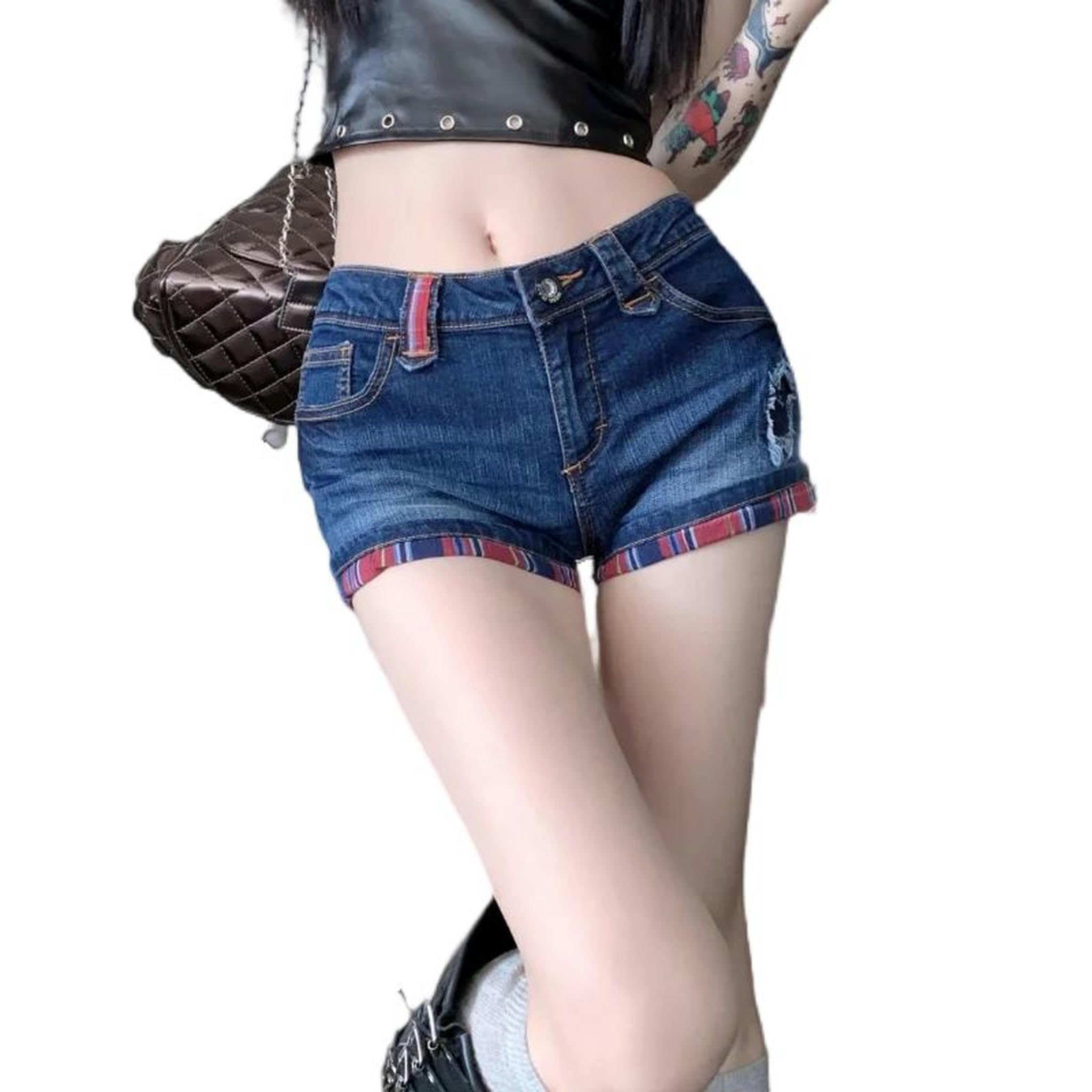 Short en jean rétro Y2K à carreaux rouges pantalon court cowboy taille basse L